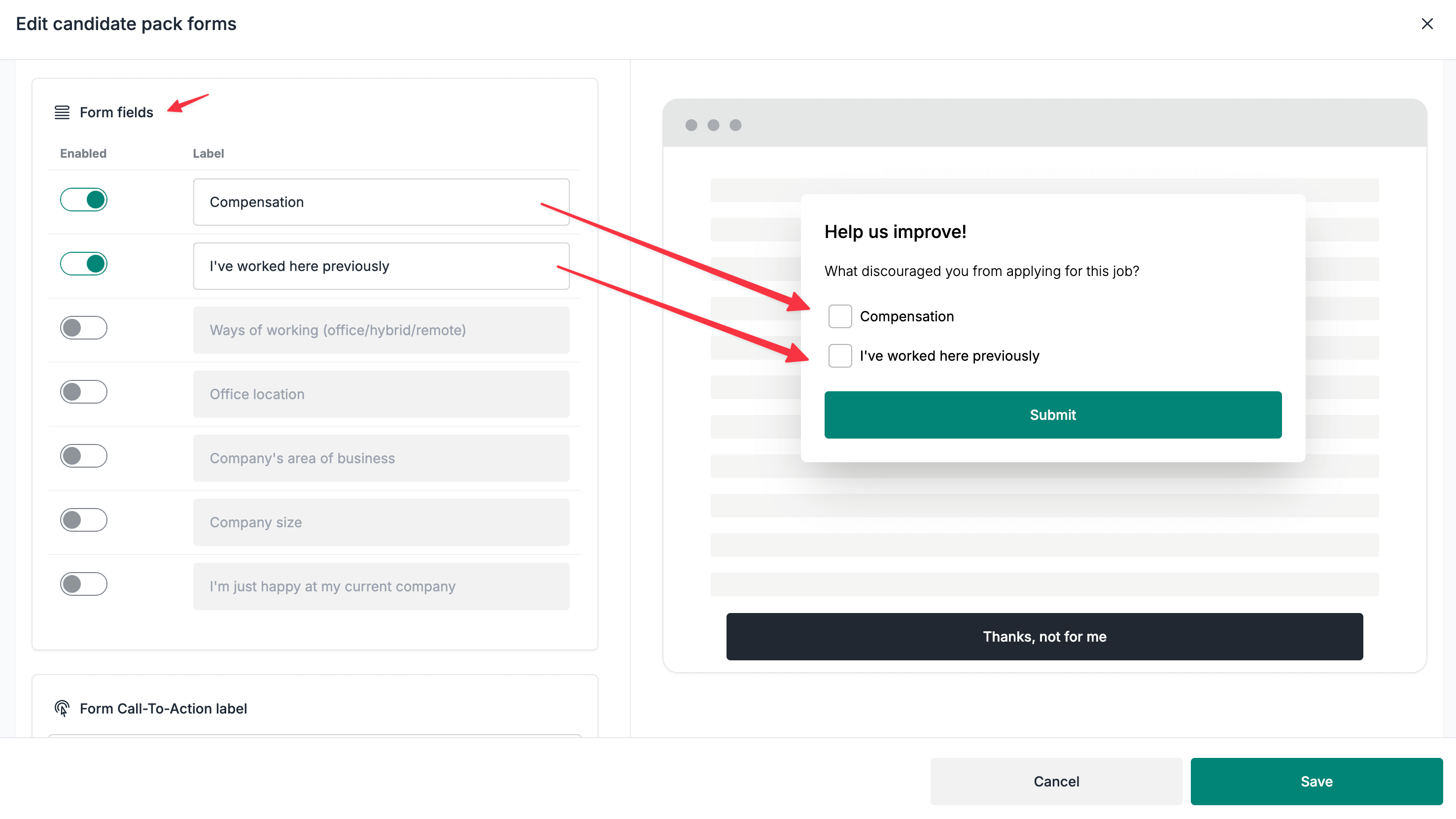 Customise the decline fields