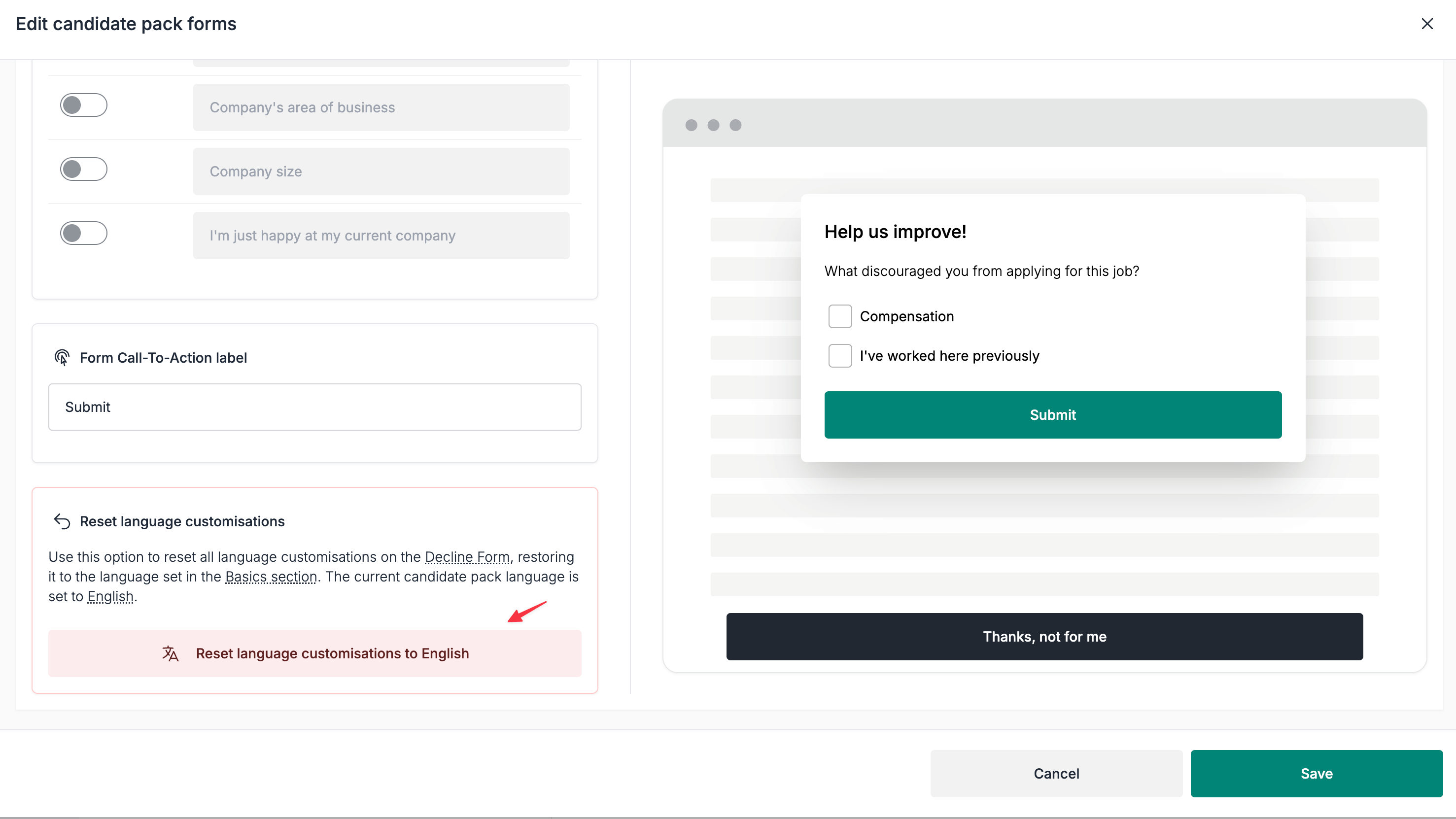 Reset form customisations section