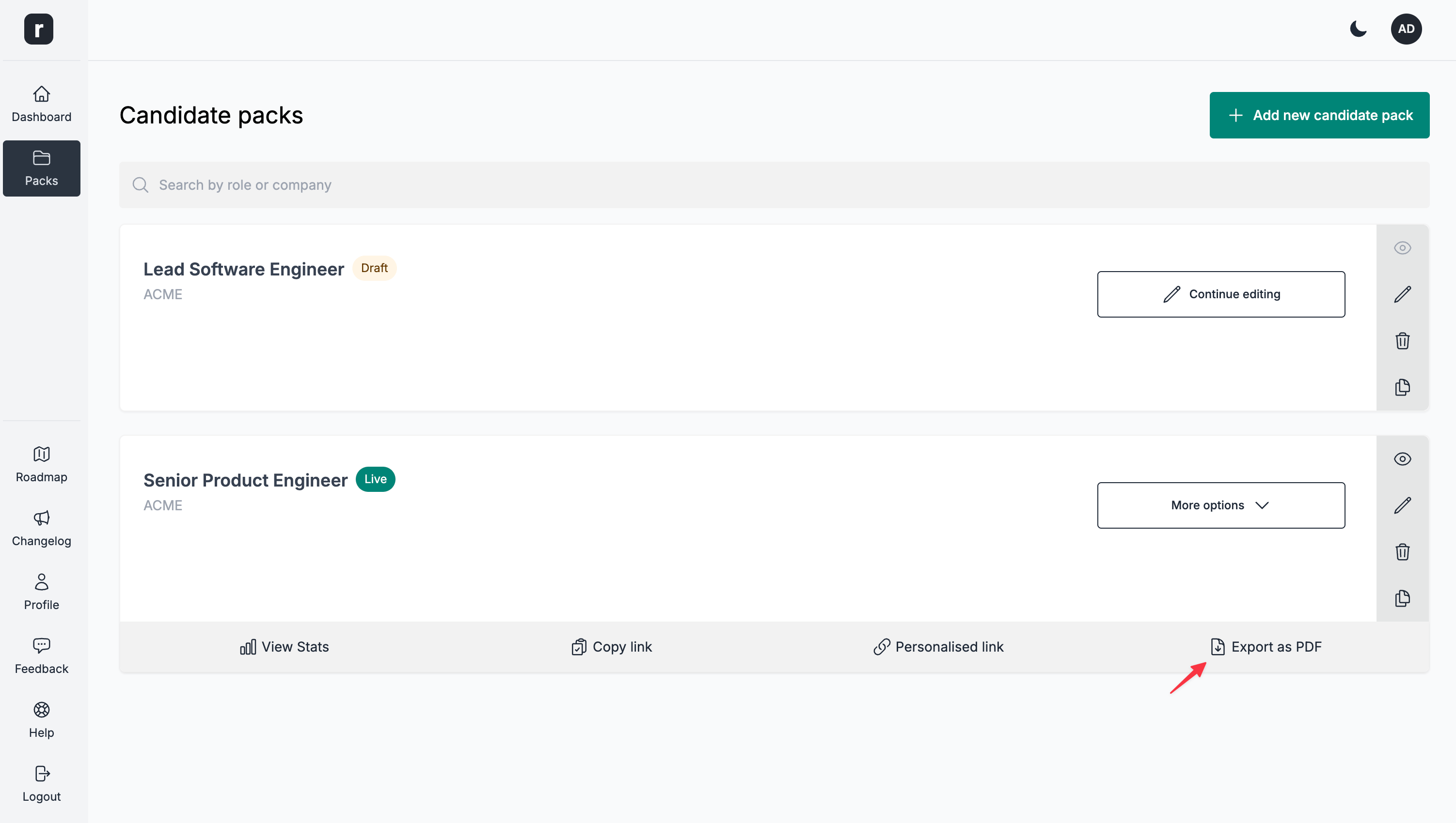 Downloading a candidate pack as PDF, on the candidate packs listing page